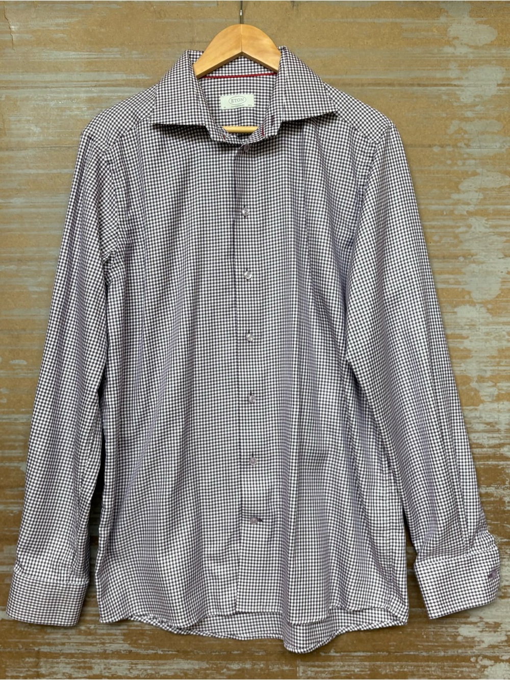Eton Houndstooth 100% Cotton Button Down Classic Preppy Purple Mens 16 1/2